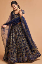 Navy Blue Net Partywear Lehenga Choli For Indian & Pakistani Wedding Festival - Sequins & Thread Embroidery Work, Zari Work, Dori Work