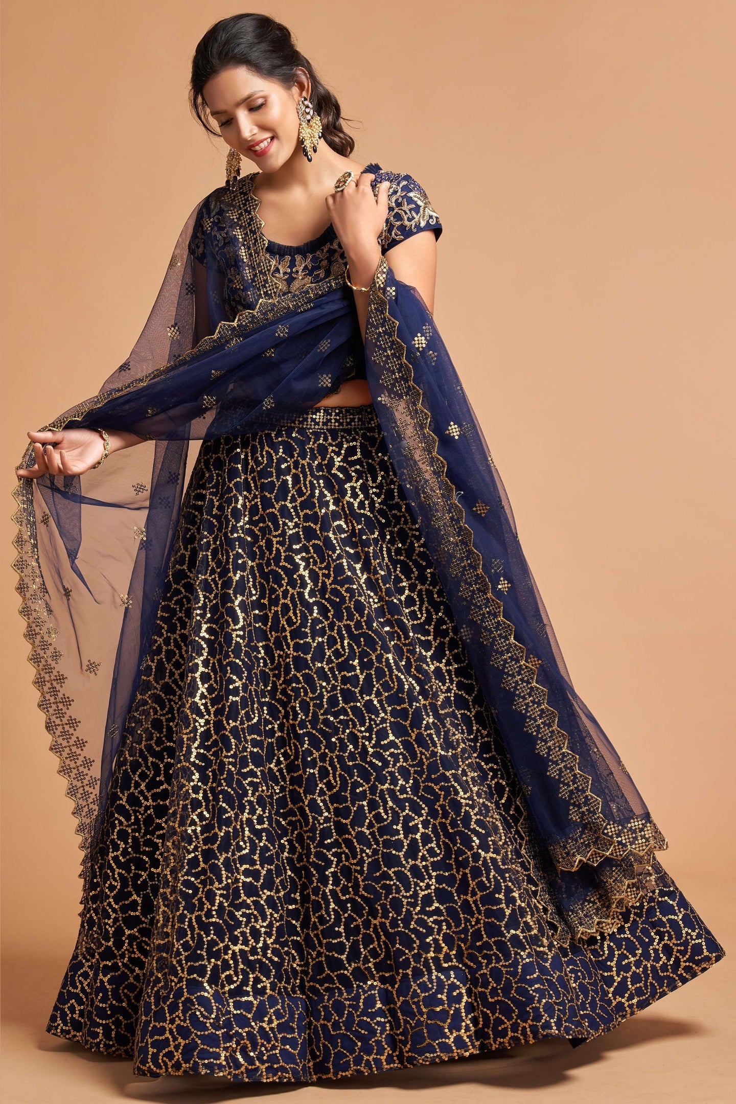 Navy Blue Net Partywear Lehenga Choli For Indian & Pakistani Wedding Festival - Sequins & Thread Embroidery Work, Zari Work, Dori Work