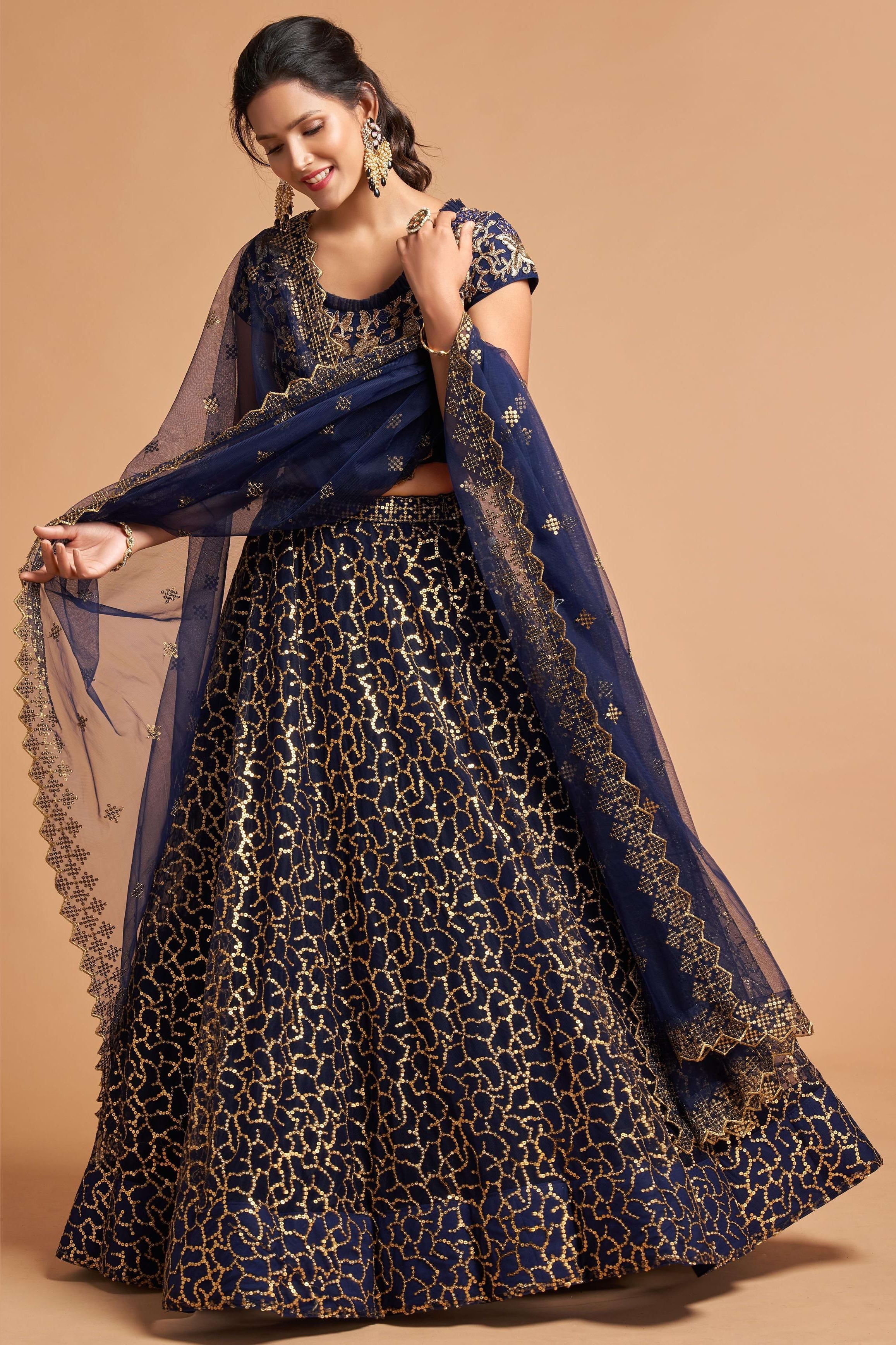 Navy Blue Net Partywear Lehenga Choli For Indian & Pakistani Wedding Festival - Sequins & Thread Embroidery Work, Zari Work, Dori Work