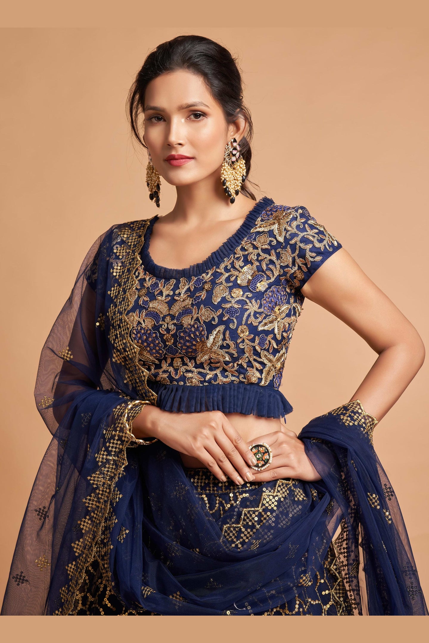 Navy Blue Net Partywear Lehenga Choli For Indian & Pakistani Wedding Festival - Sequins & Thread Embroidery Work, Zari Work, Dori Work