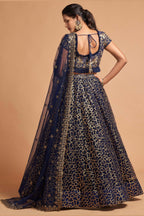 Navy Blue Net Partywear Lehenga Choli For Indian & Pakistani Wedding Festival - Sequins & Thread Embroidery Work, Zari Work, Dori Work