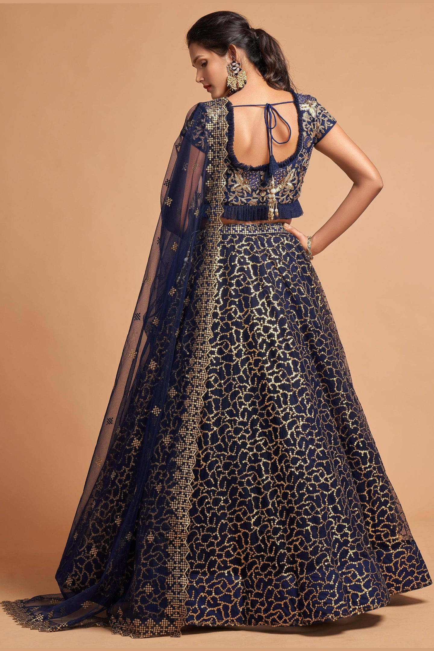 Navy Blue Net Partywear Lehenga Choli For Indian & Pakistani Wedding Festival - Sequins & Thread Embroidery Work, Zari Work, Dori Work