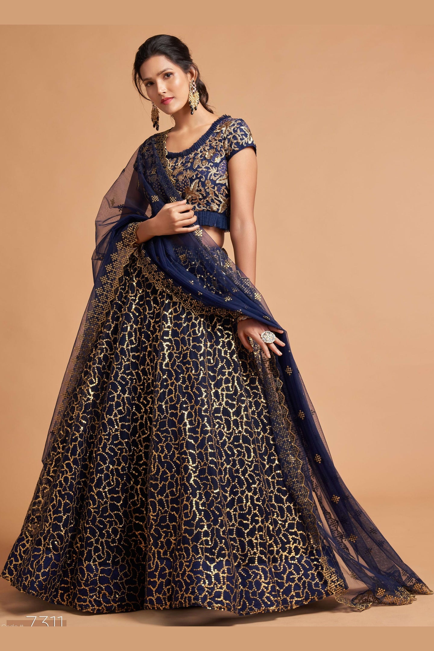 Navy Blue Net Partywear Lehenga Choli For Indian & Pakistani Wedding Festival - Sequins & Thread Embroidery Work, Zari Work, Dori Work