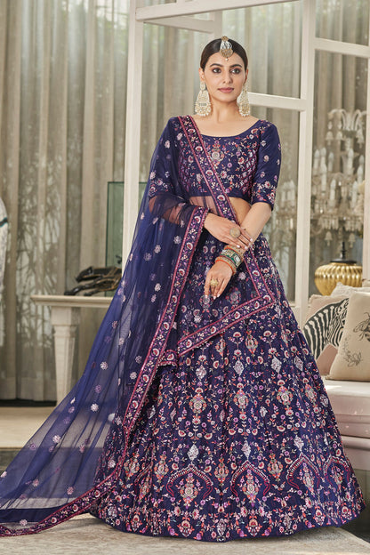 Navy Blue Silk Lehenga Choli For Indian Weddings & Festivals - Thread Embroidery Work, Sequence Embroidery Work