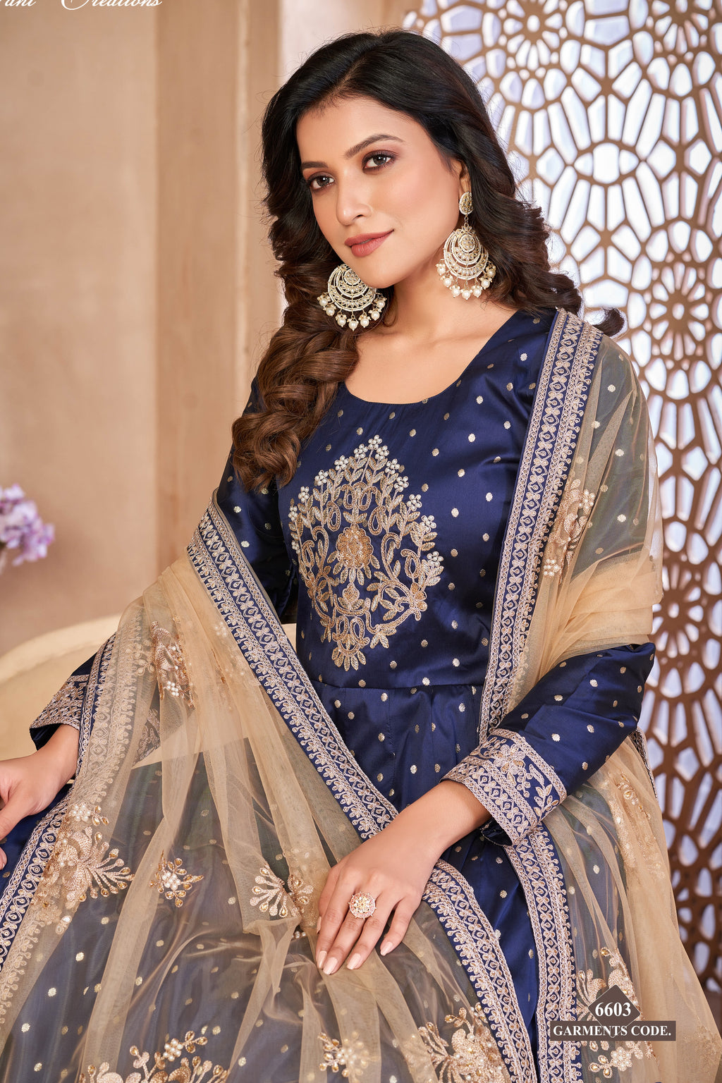 Navy Blue Taffeta Silk Anarkali Suit for Ladies with Thread and Sequins Embroidery
