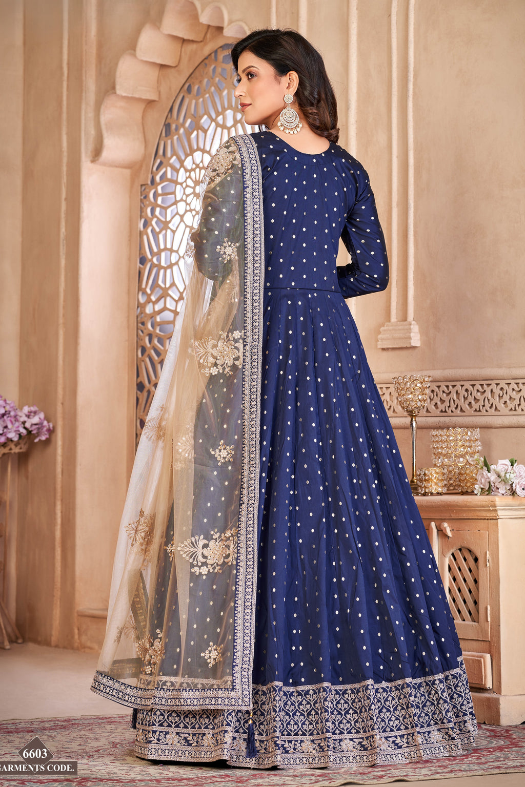 Navy Blue Taffeta Silk Anarkali Suit for Ladies with Thread and Sequins Embroidery