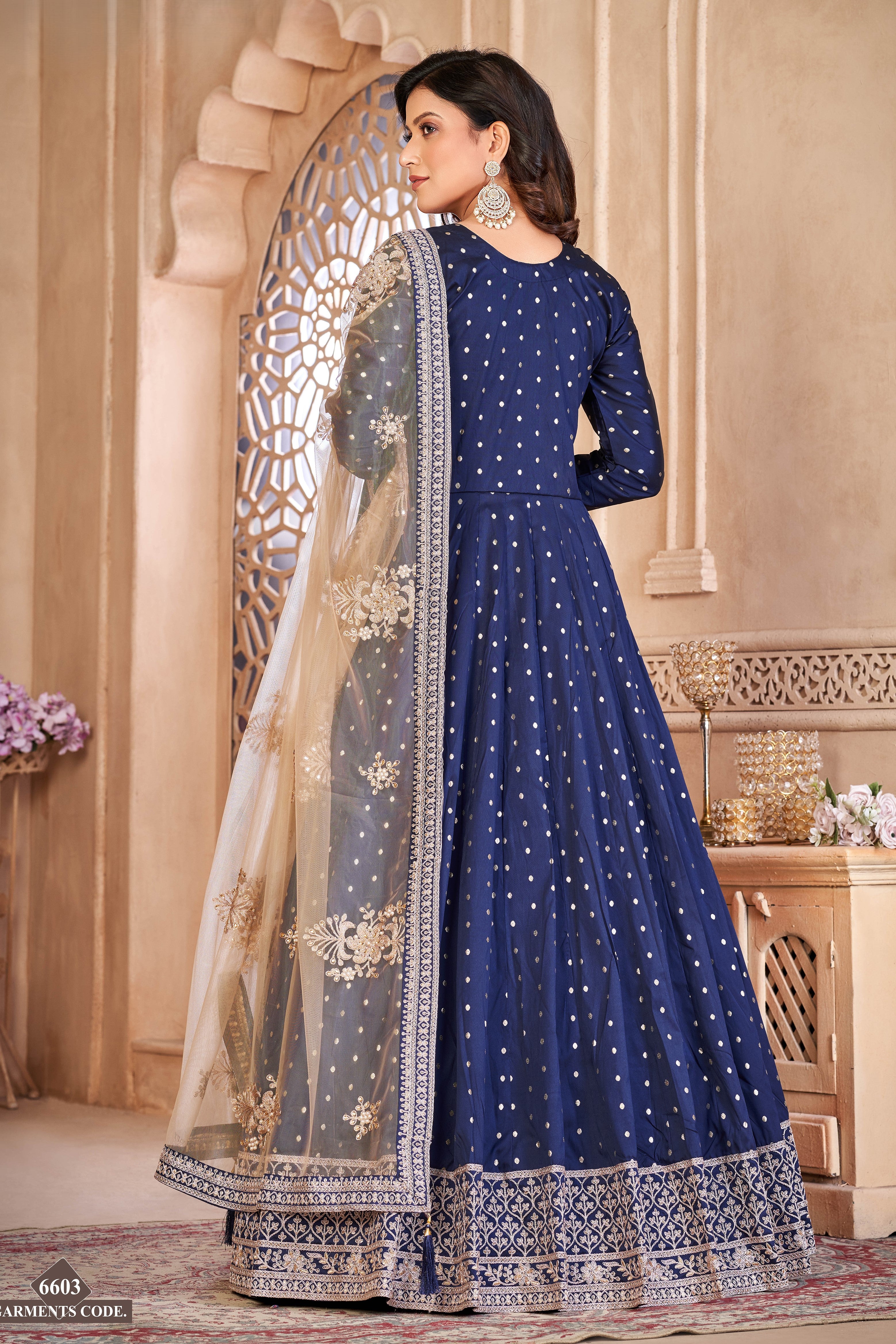 Navy Blue Taffeta Silk Anarkali Suit for Ladies with Thread and Sequins Embroidery