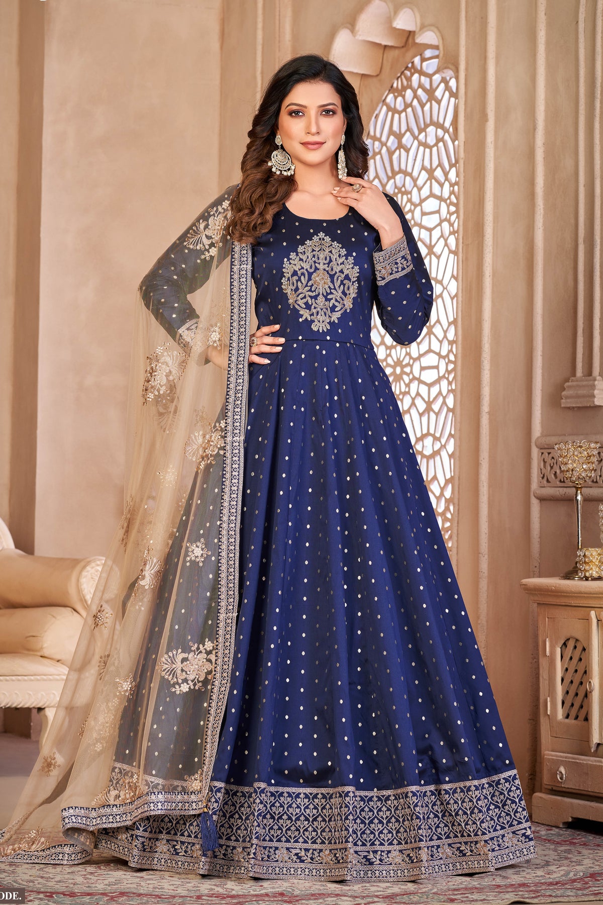 ladies anarkali dress Navy Blue Taffeta Silk Suit for with Thread and Sequins Embroidery 34 Kameez length is approximately Select a Color:Taupe model:High Standard Rhythm Royal Blue Ruffled
