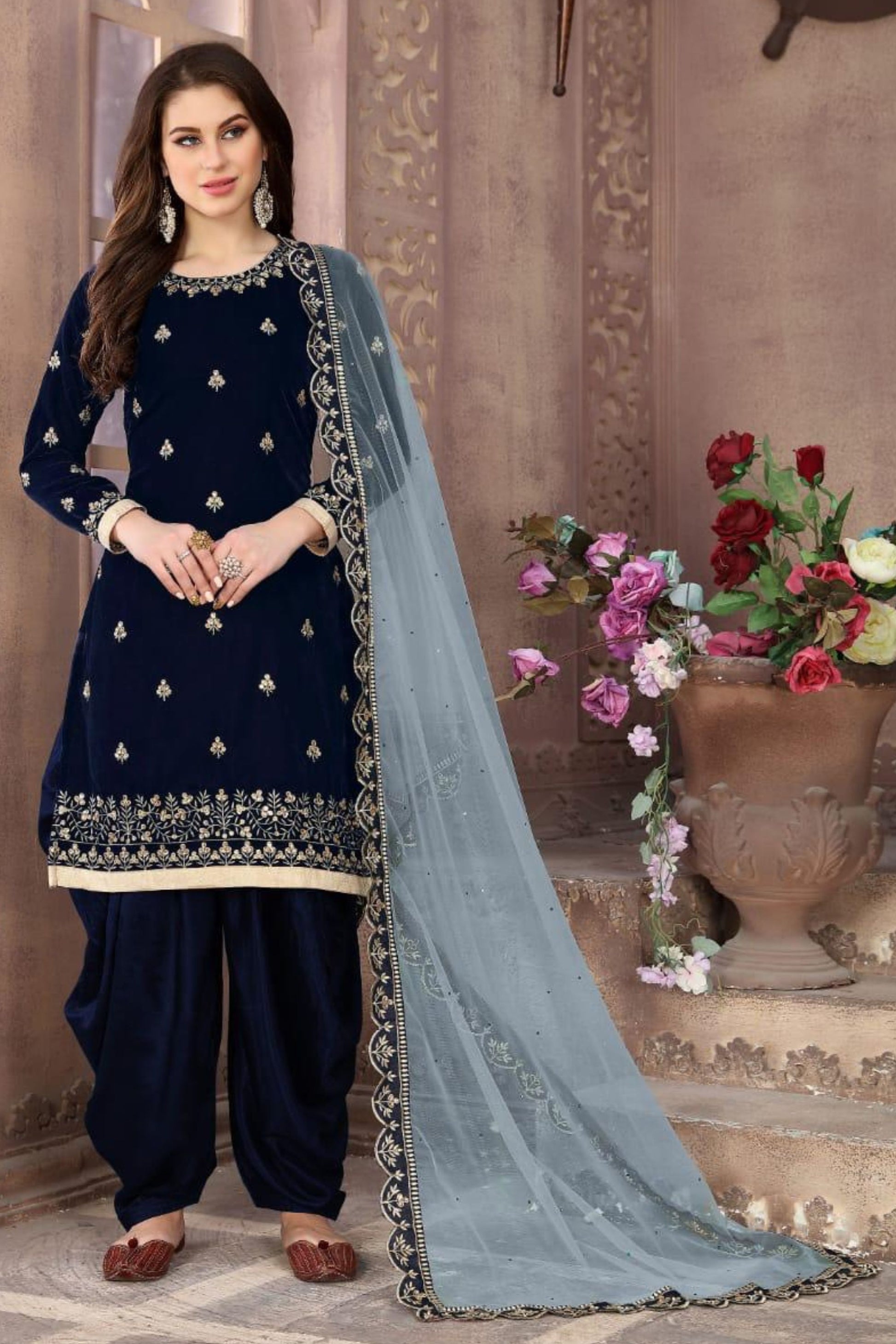 Navy Blue Velvet Kameez With Patiyala Suit For Indian Festivals & Weddings - Embroidery Work