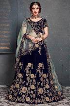 Navy Blue Velvet Lehenga Choli For Indian & Pakistani Wedding Festival - Dori Work, Zari Work, Sequence Embroidery Work