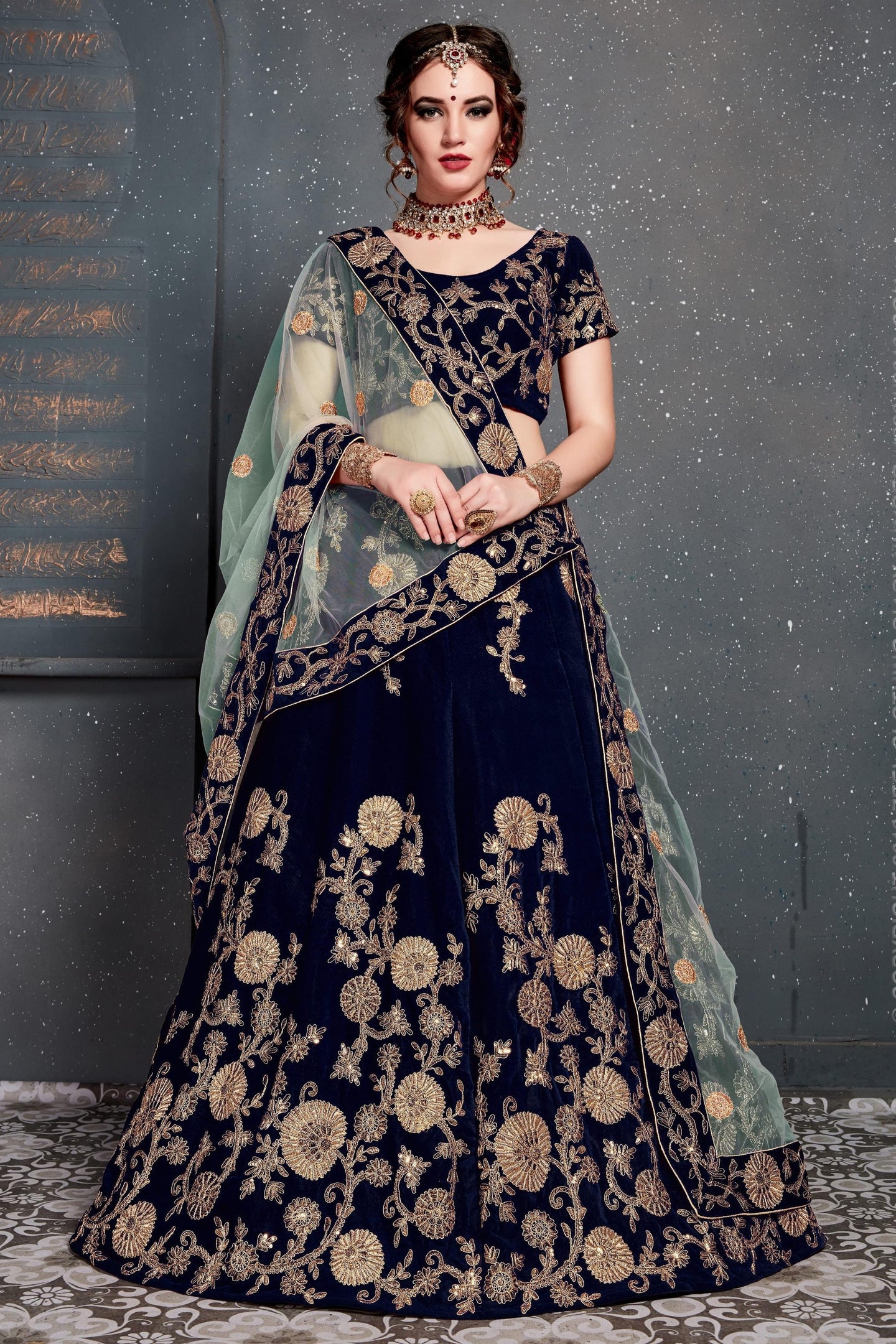 Navy Blue Velvet Lehenga Choli For Indian & Pakistani Wedding Festival - Dori Work, Zari Work, Sequence Embroidery Work