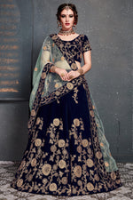 Navy Blue Velvet Wedding Lehenga Choli with Dori Work, Zari Work & Sequin Embroidery