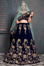 Navy Blue Velvet Lehenga Choli For Indian & Pakistani Wedding Festival - Dori Work, Zari Work, Sequence Embroidery Work