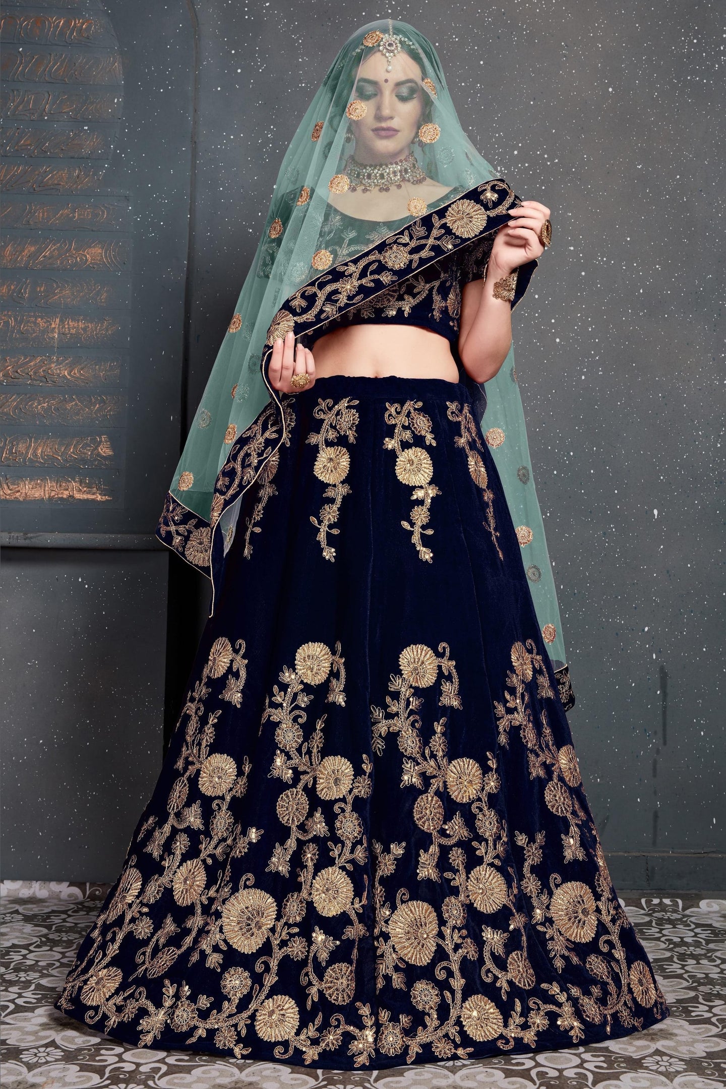 Navy Blue Velvet Lehenga Choli For Indian & Pakistani Wedding Festival - Dori Work, Zari Work, Sequence Embroidery Work