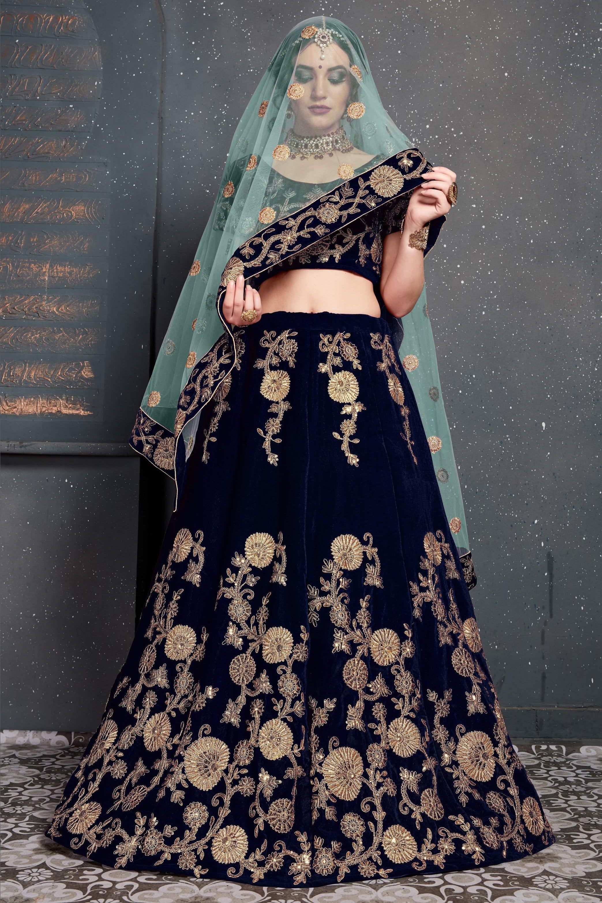 Navy Blue Velvet Lehenga Choli For Indian & Pakistani Wedding Festival - Dori Work, Zari Work, Sequence Embroidery Work