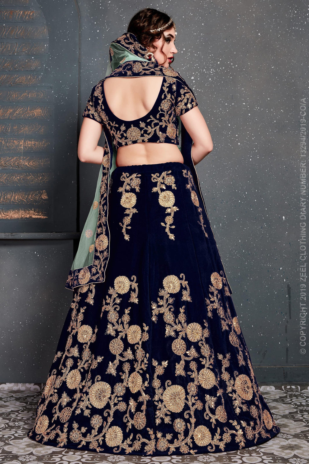 Navy Blue Velvet Lehenga Choli For Indian & Pakistani Wedding Festival - Dori Work, Zari Work, Sequence Embroidery Work