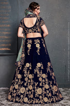 Navy Blue Velvet Lehenga Choli For Indian & Pakistani Wedding Festival - Dori Work, Zari Work, Sequence Embroidery Work