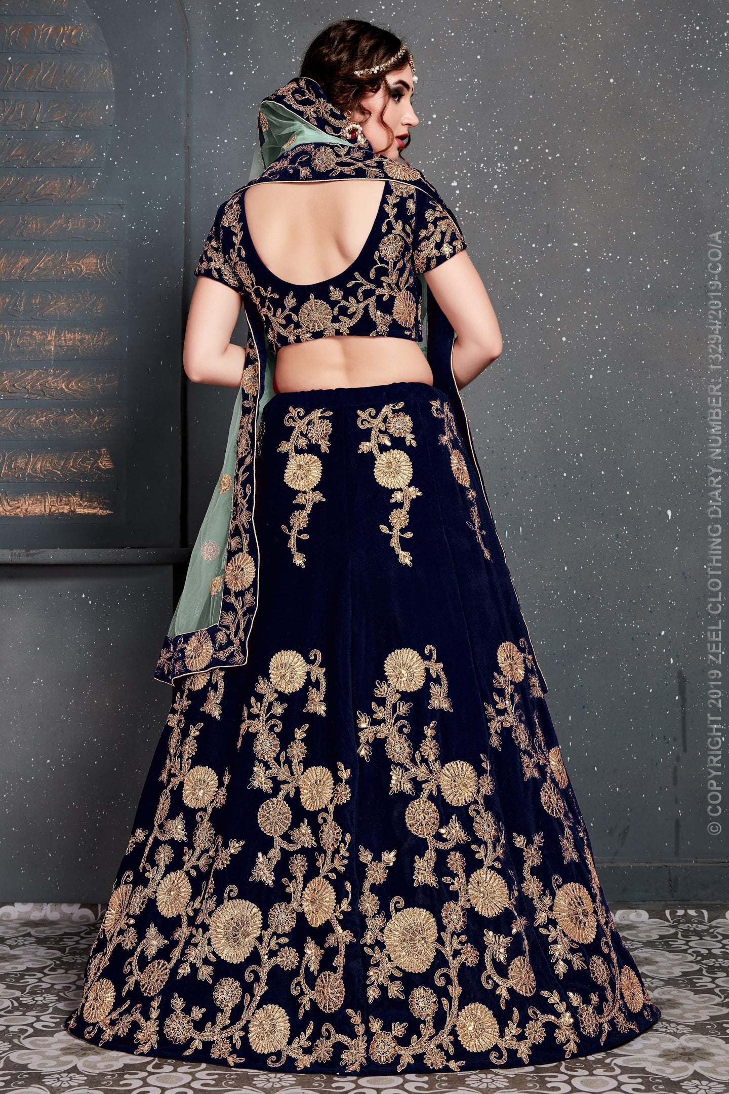 Navy Blue Velvet Lehenga Choli For Indian & Pakistani Wedding Festival - Dori Work, Zari Work, Sequence Embroidery Work