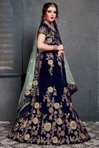 Navy Blue Velvet Lehenga Choli For Indian & Pakistani Wedding Festival - Dori Work, Zari Work, Sequence Embroidery Work
