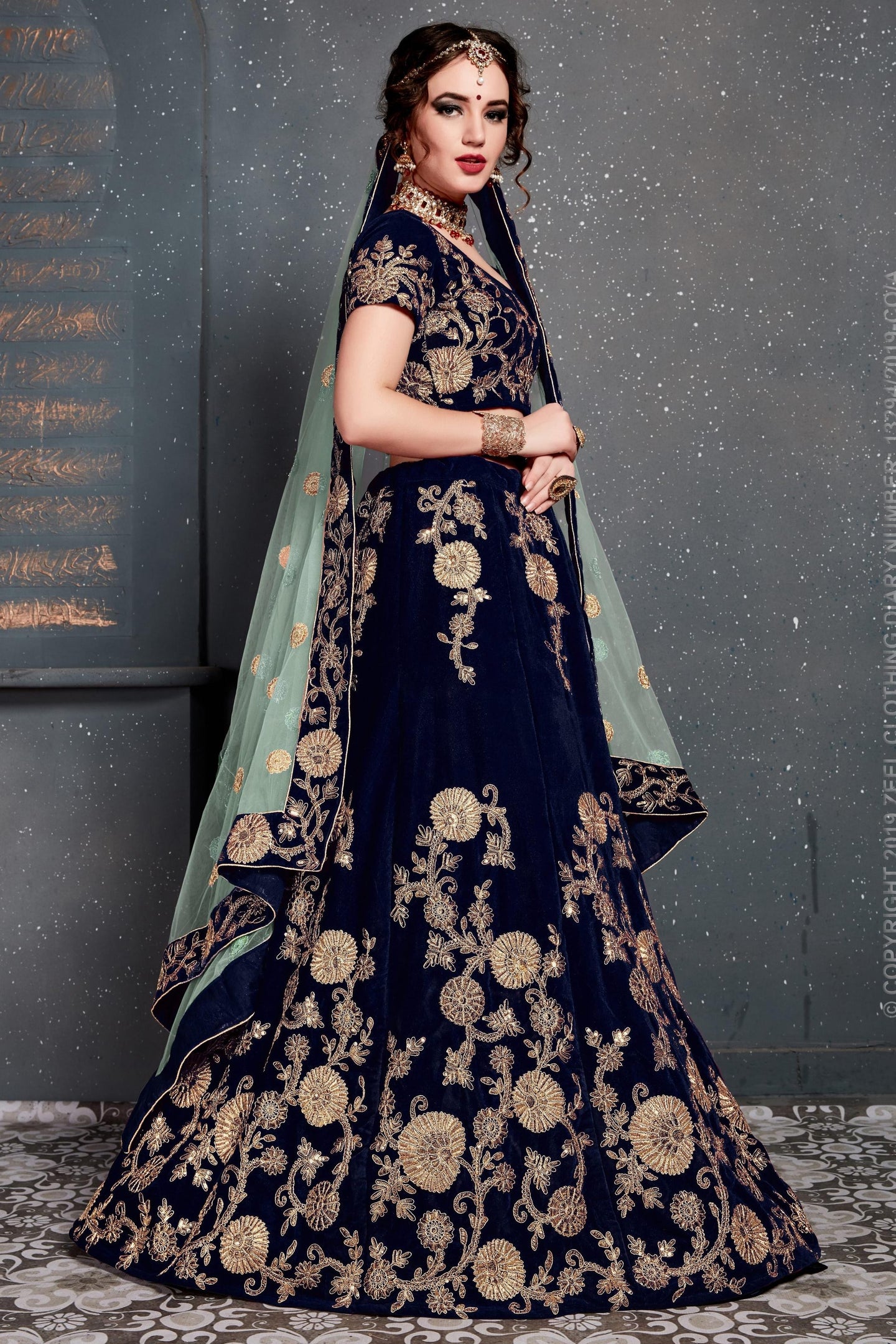 Navy Blue Velvet Lehenga Choli For Indian & Pakistani Wedding Festival - Dori Work, Zari Work, Sequence Embroidery Work