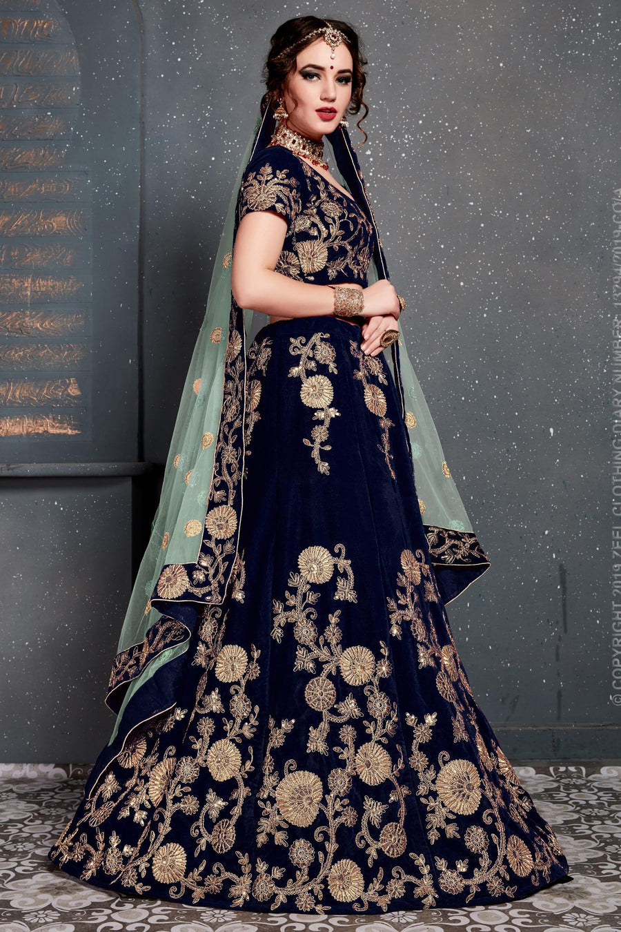 Navy Blue Velvet Lehenga Choli For Indian & Pakistani Wedding Festival - Dori Work, Zari Work, Sequence Embroidery Work