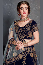 Navy Blue Velvet Lehenga Choli For Indian & Pakistani Wedding Festival - Dori Work, Zari Work, Sequence Embroidery Work