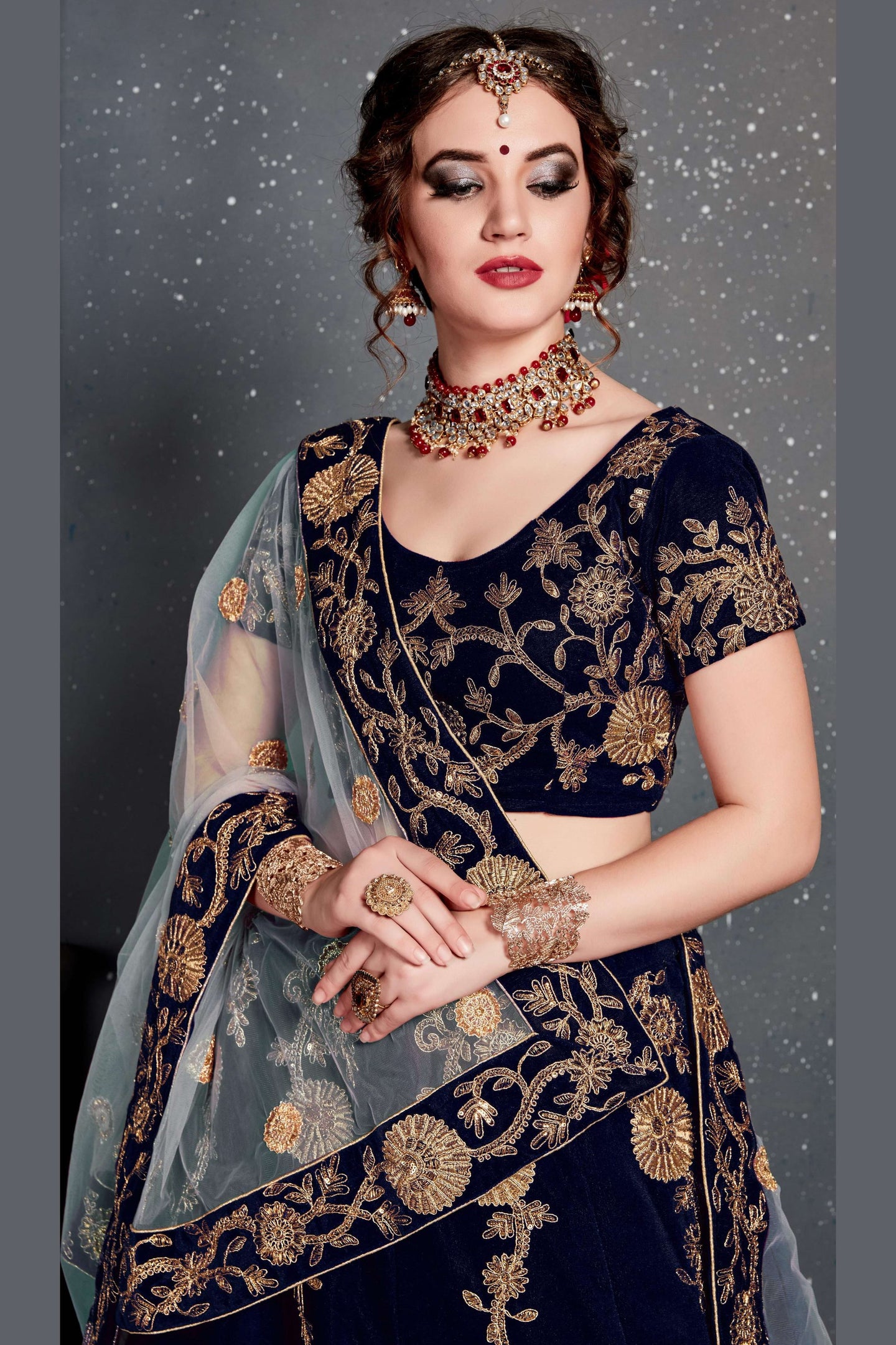 Navy Blue Velvet Lehenga Choli For Indian & Pakistani Wedding Festival - Dori Work, Zari Work, Sequence Embroidery Work