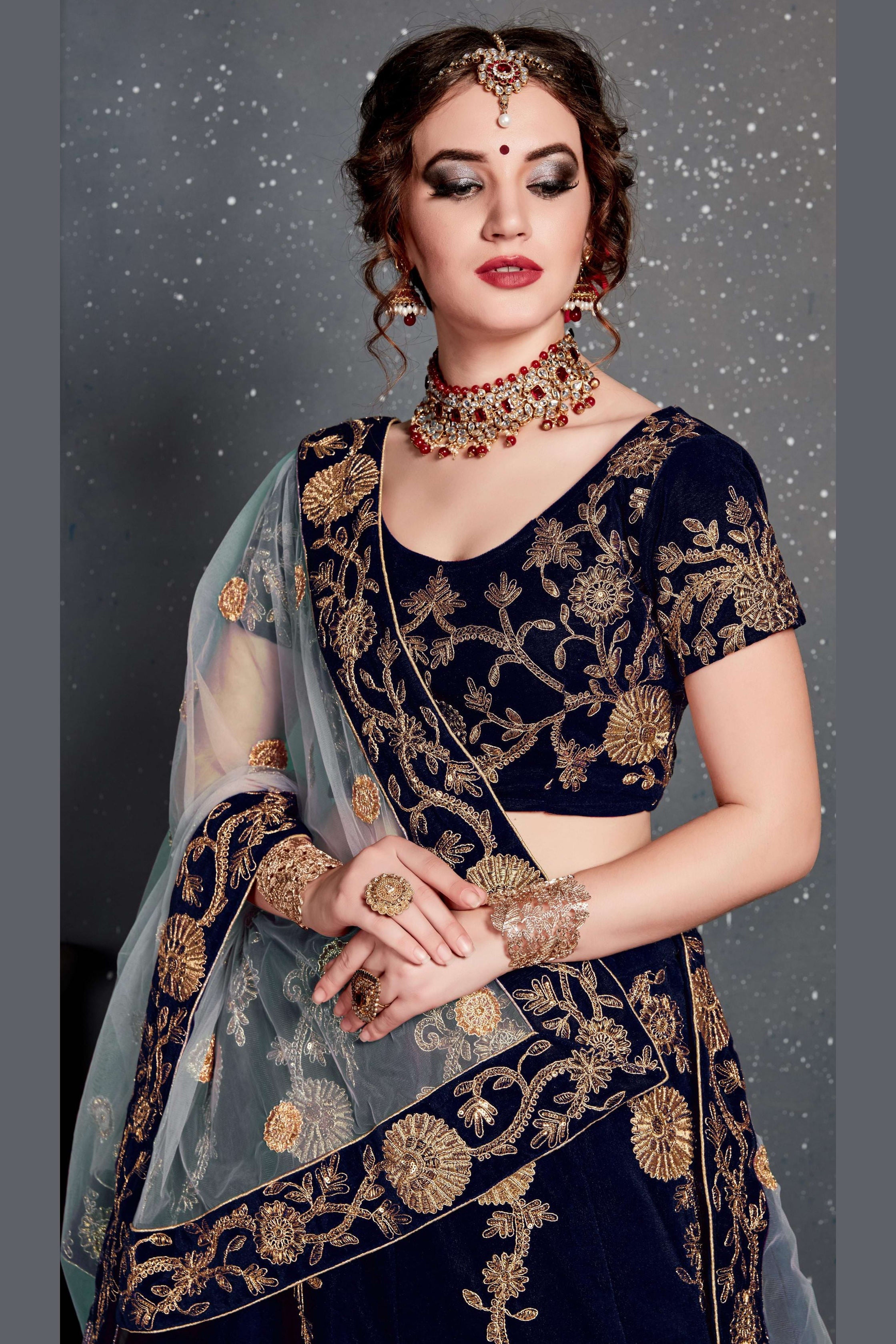 Navy Blue Velvet Lehenga Choli For Indian & Pakistani Wedding Festival - Dori Work, Zari Work, Sequence Embroidery Work