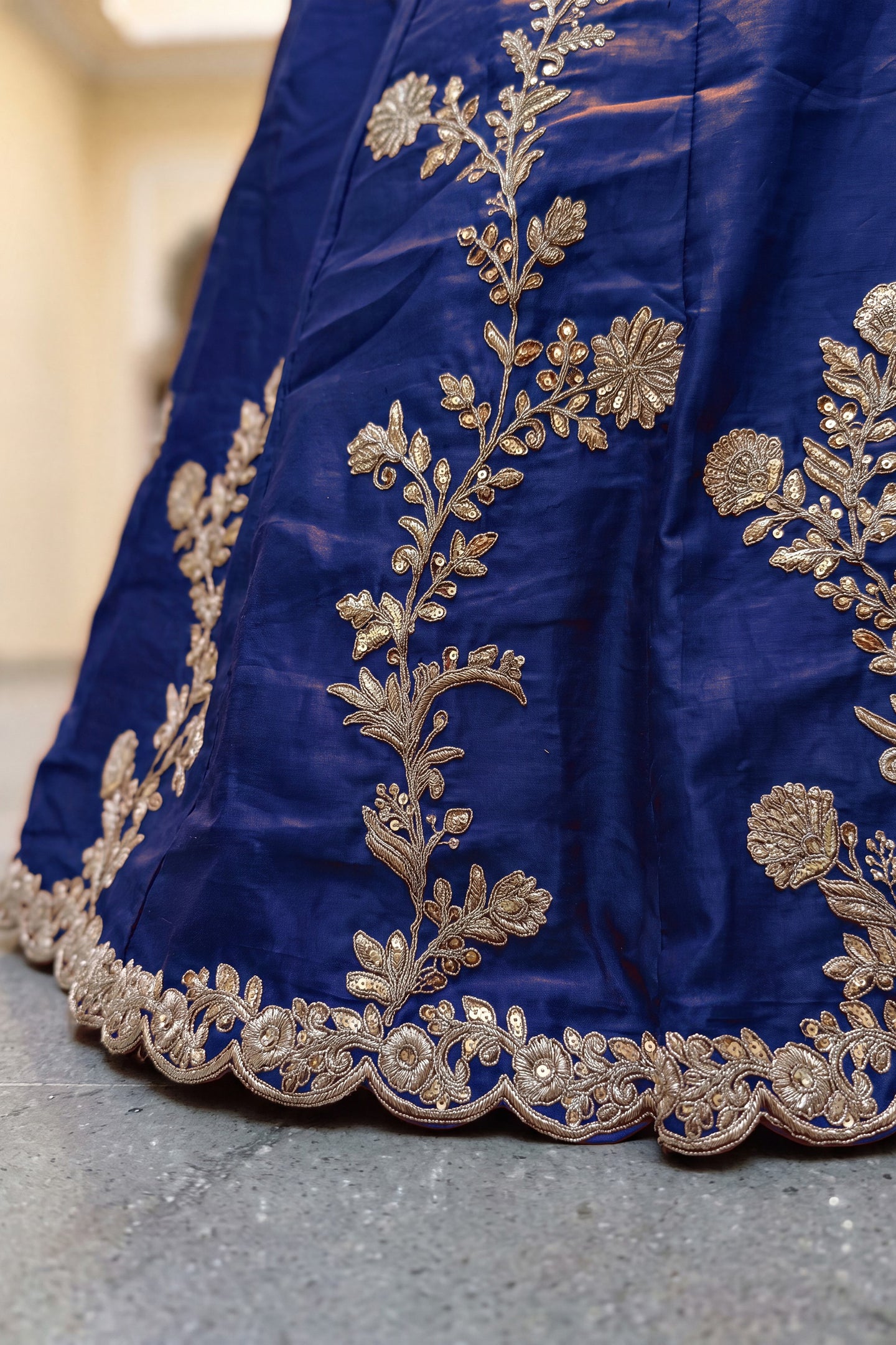Navy Blue Rangoli Silk Wedding Lengha for Women with Zari Work
