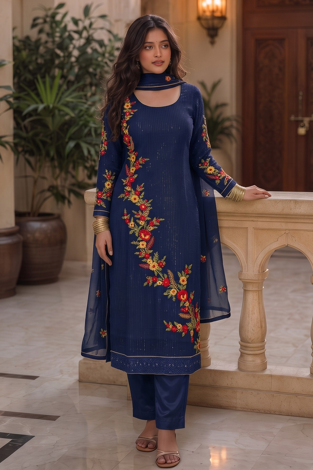 Navy Blue Georgette Suits for Indian & Pakistani Wedding Festival - Sequins & Thread Embroidery Work