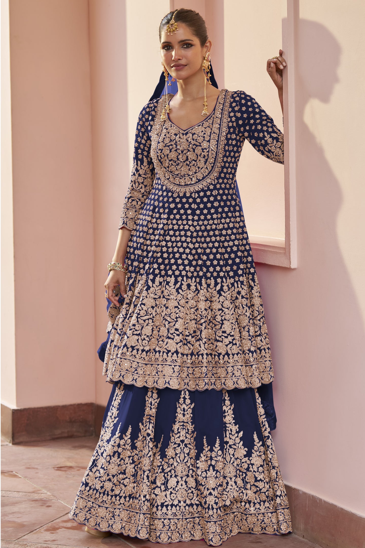 Pakistani Dress Navy Blue Georgette Kameez with Skirt