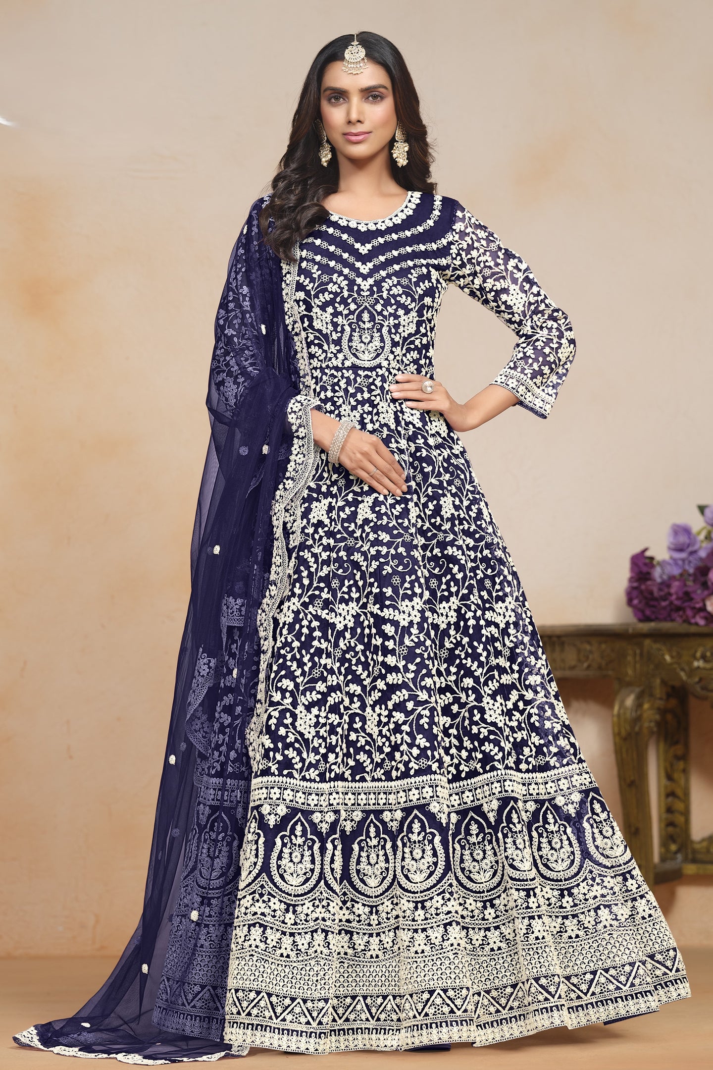 Navy Blue Net Anarkali for Wedding Function with Dori Work