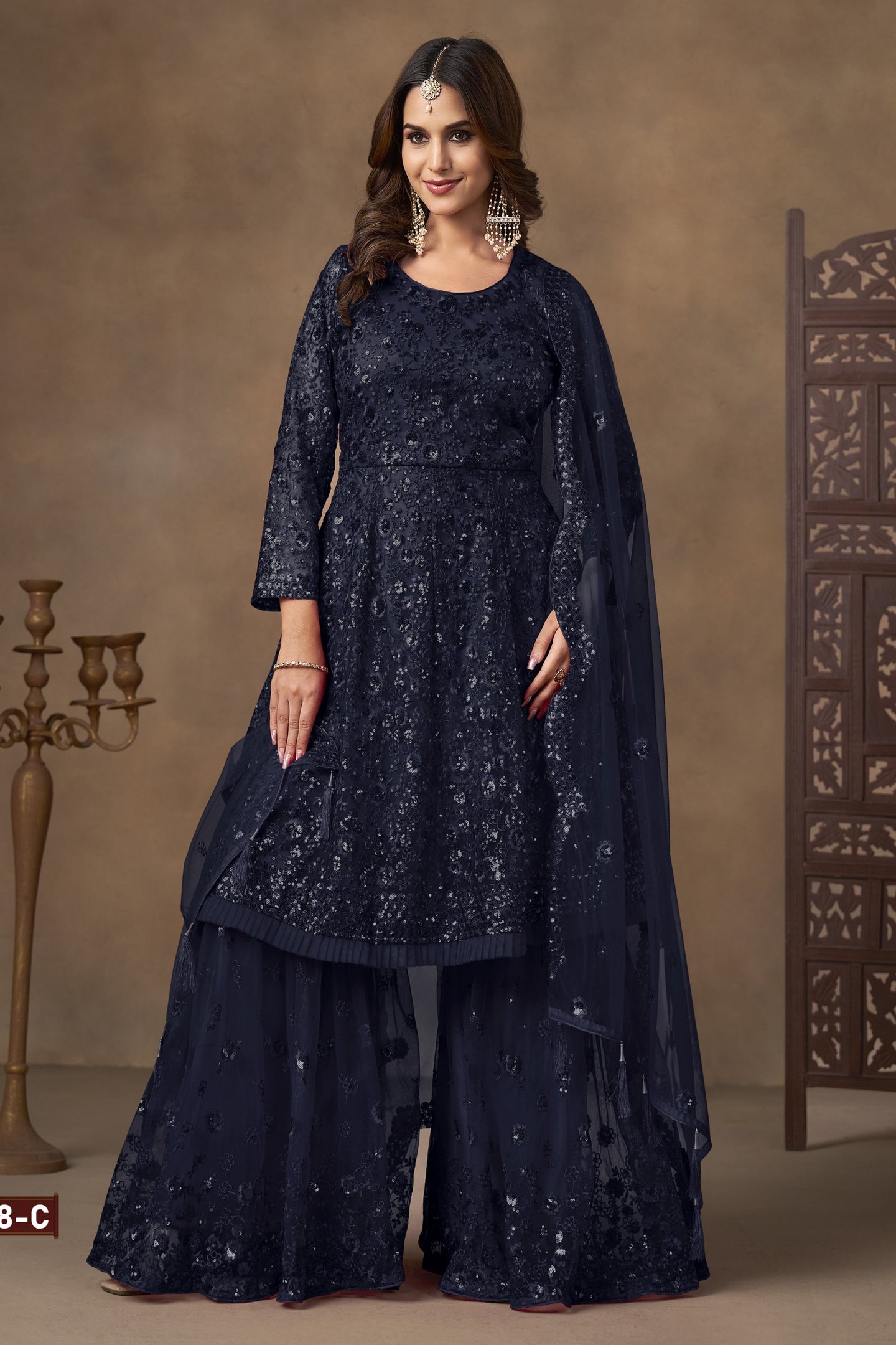 Navy Blue Net Palazzo with Thread and Sequins Work - Sangeet Outfits for Women
