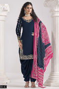 Navy Blue Chinon Silk Wedding Salwar Kameez with Zari and Mirror Work