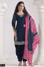 Navy Blue Chinon Silk Wedding Salwar Kameez with Zari and Mirror Work