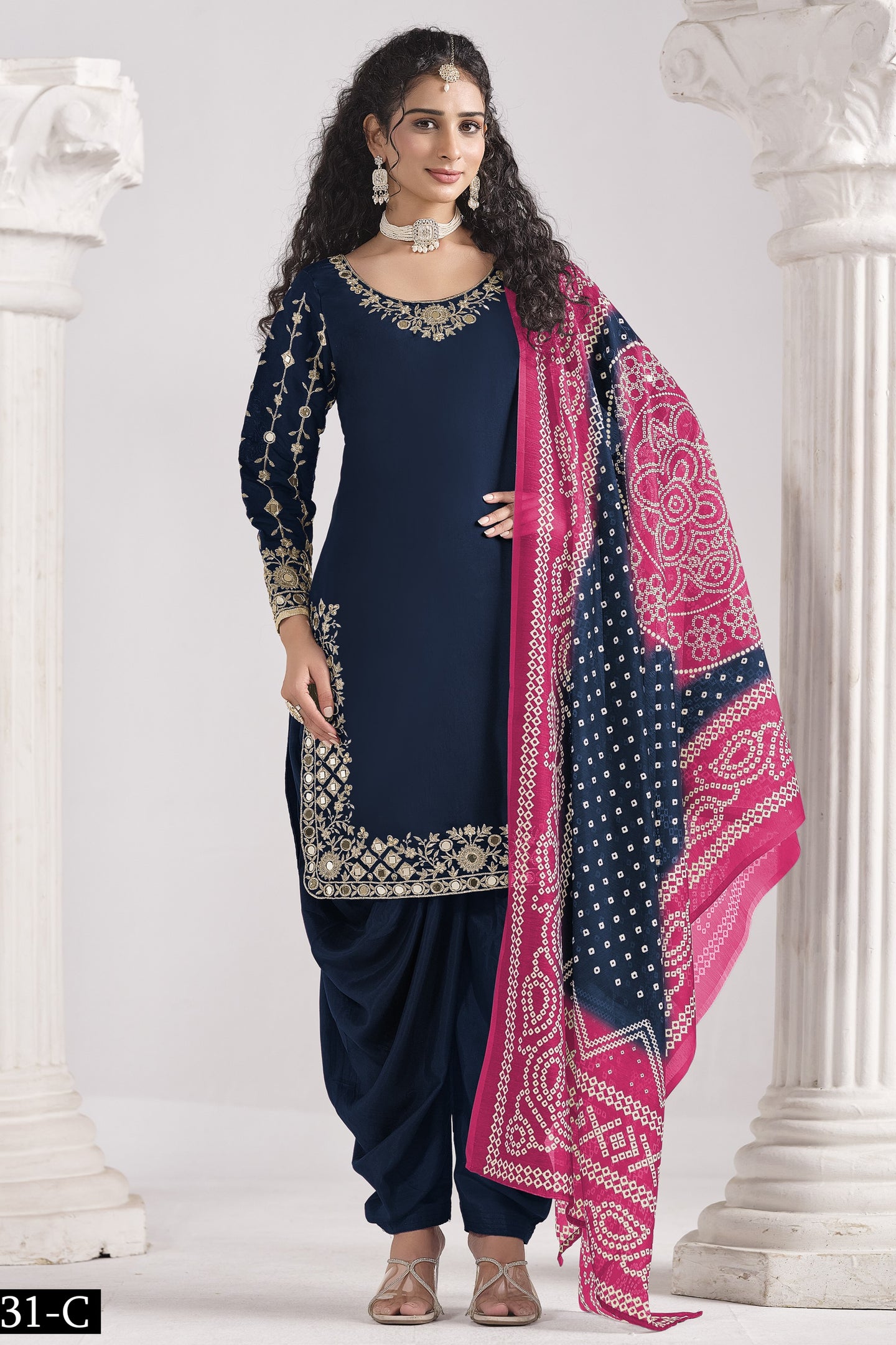 Navy Blue Chinon Silk Wedding Salwar Kameez with Zari and Mirror Work