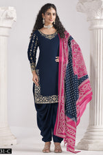 Navy Blue Chinon Silk Wedding Salwar Kameez with Zari and Mirror Work