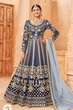 Navy Blue Art Silk Anarkali with Thread Embroidery - Pakistani Dresses Traditional