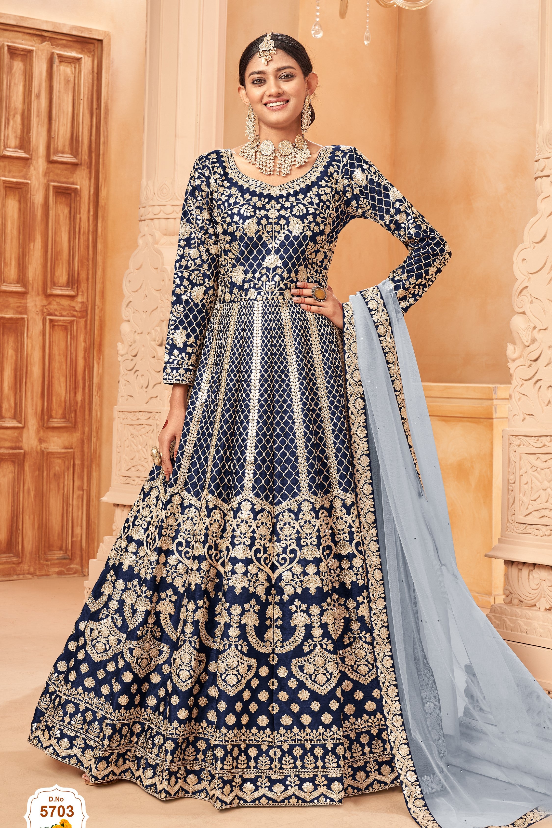 Navy Blue Art Silk Anarkali with Thread Embroidery - Pakistani Dresses Traditional