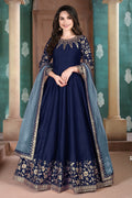 Navy Blue Chinon Silk Anarkali Indian Party Wear Dresses with Thread Embroidery Work