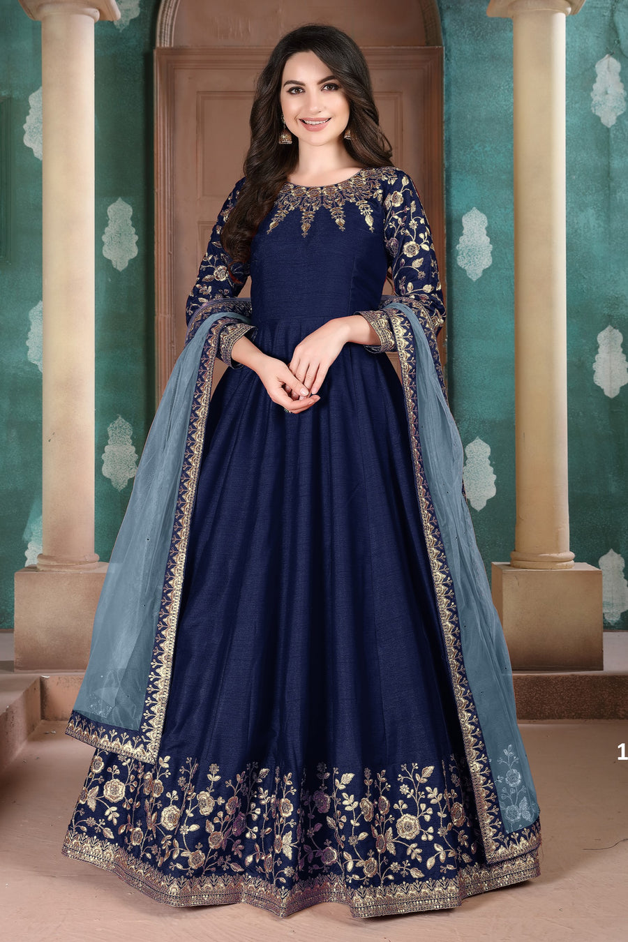 Navy Blue Chinon Silk Anarkali Indian Party Wear Dresses with Thread Embroidery Work