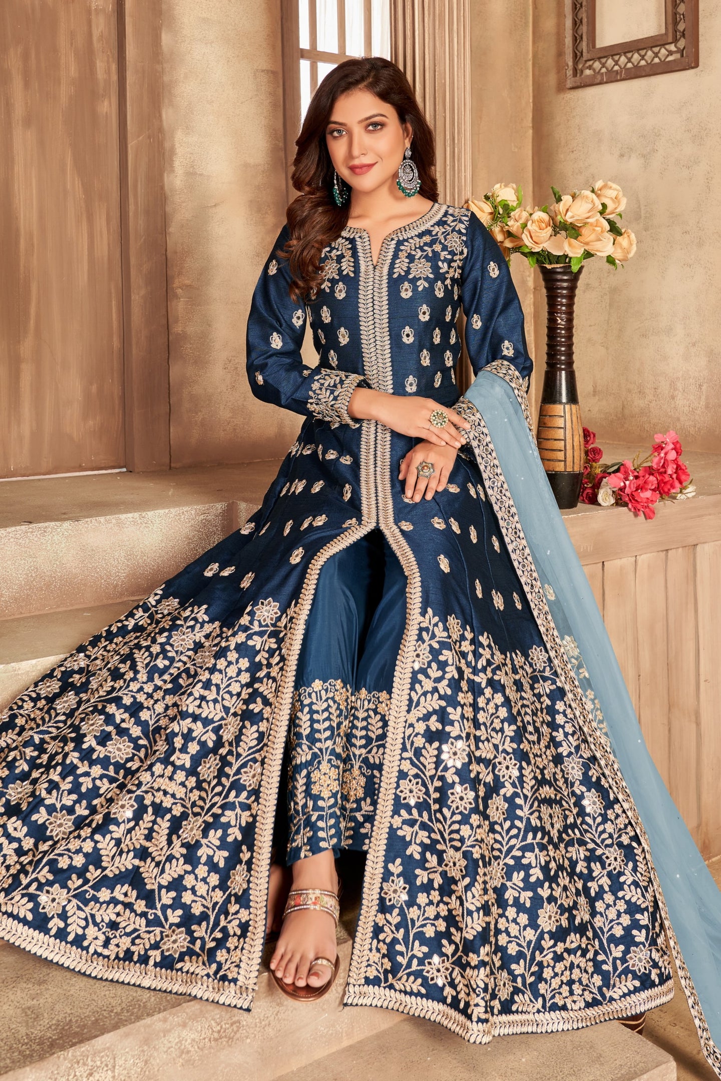 Navy Blue Art Silk Indian Anarkali Dress with Mirror Work