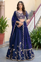 Navy Blue Rangoli Silk Wedding Lengha for Women with Zari Work