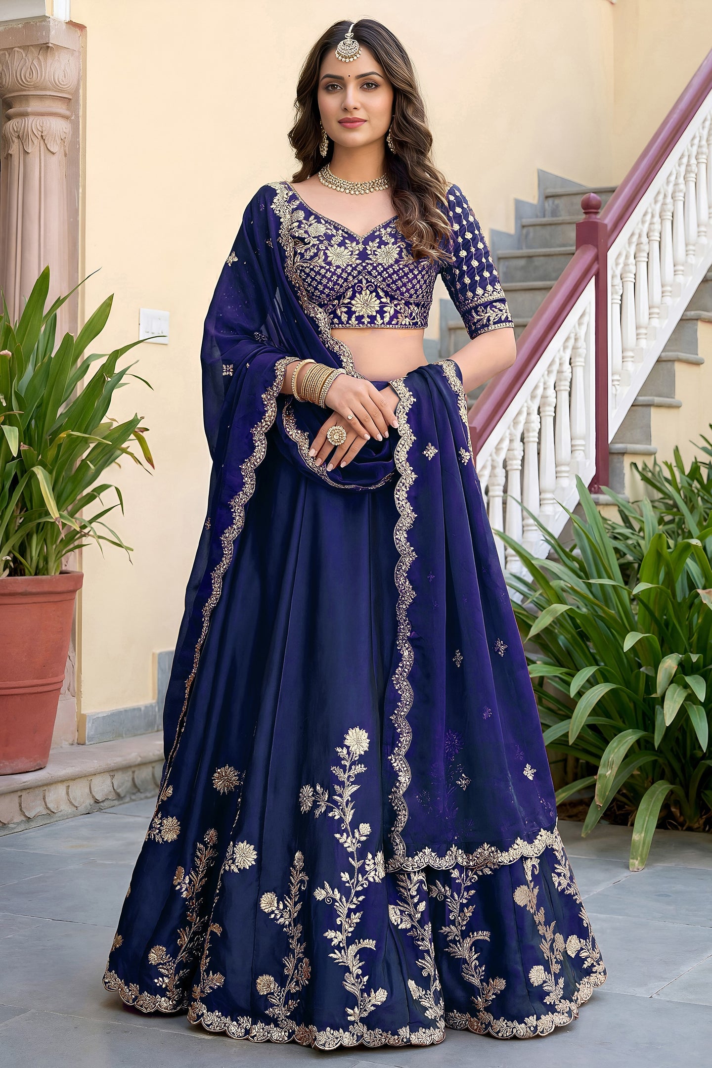 Navy Blue Rangoli Silk Wedding Lengha for Women with Zari Work