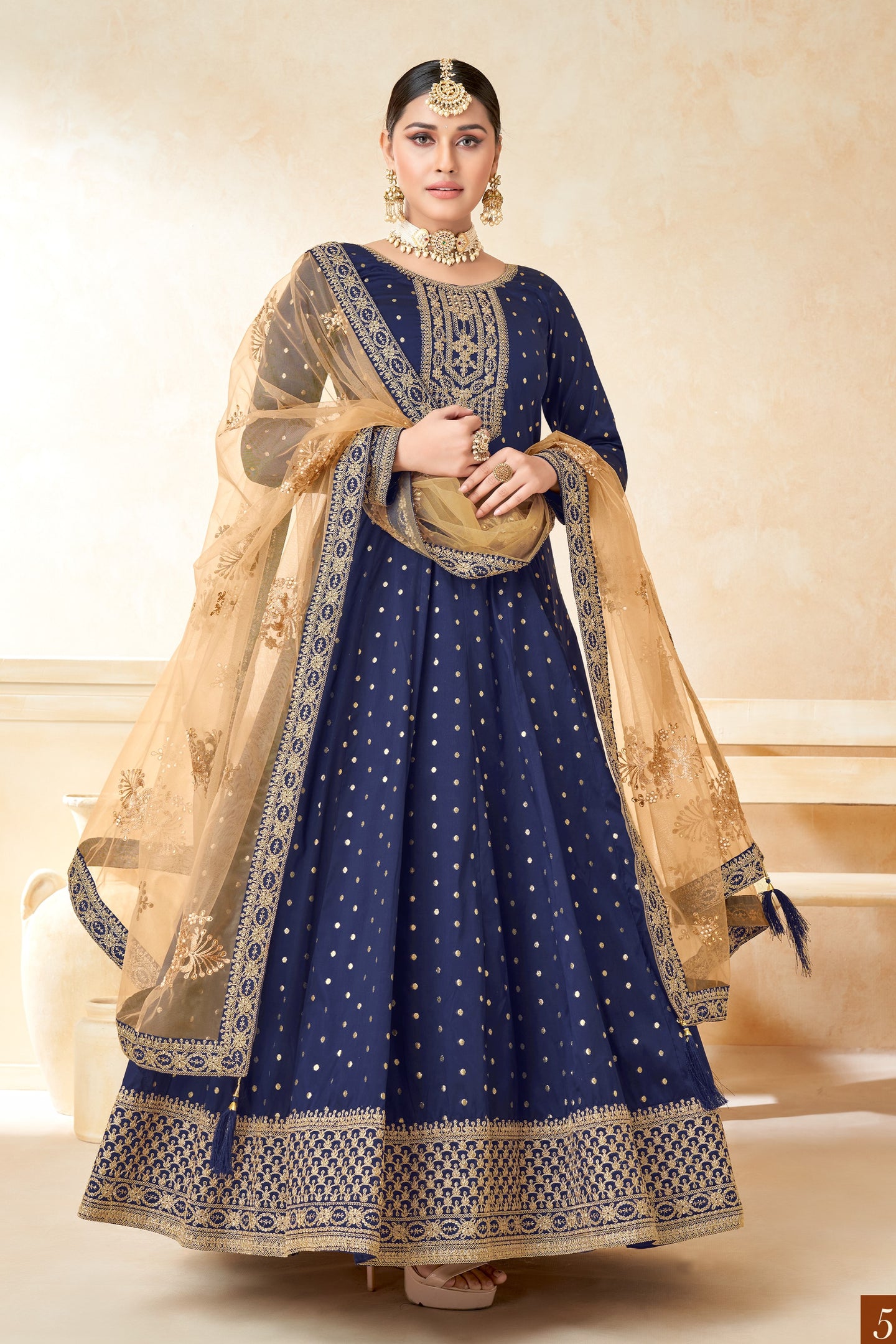 Navy Blue Taffeta Silk Anarkali Gown Dress for Ladies with Thread and Sequins Embroidery