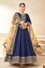 Navy Blue Taffeta Silk Anarkali Gown Dress for Ladies with Thread and Sequins Embroidery