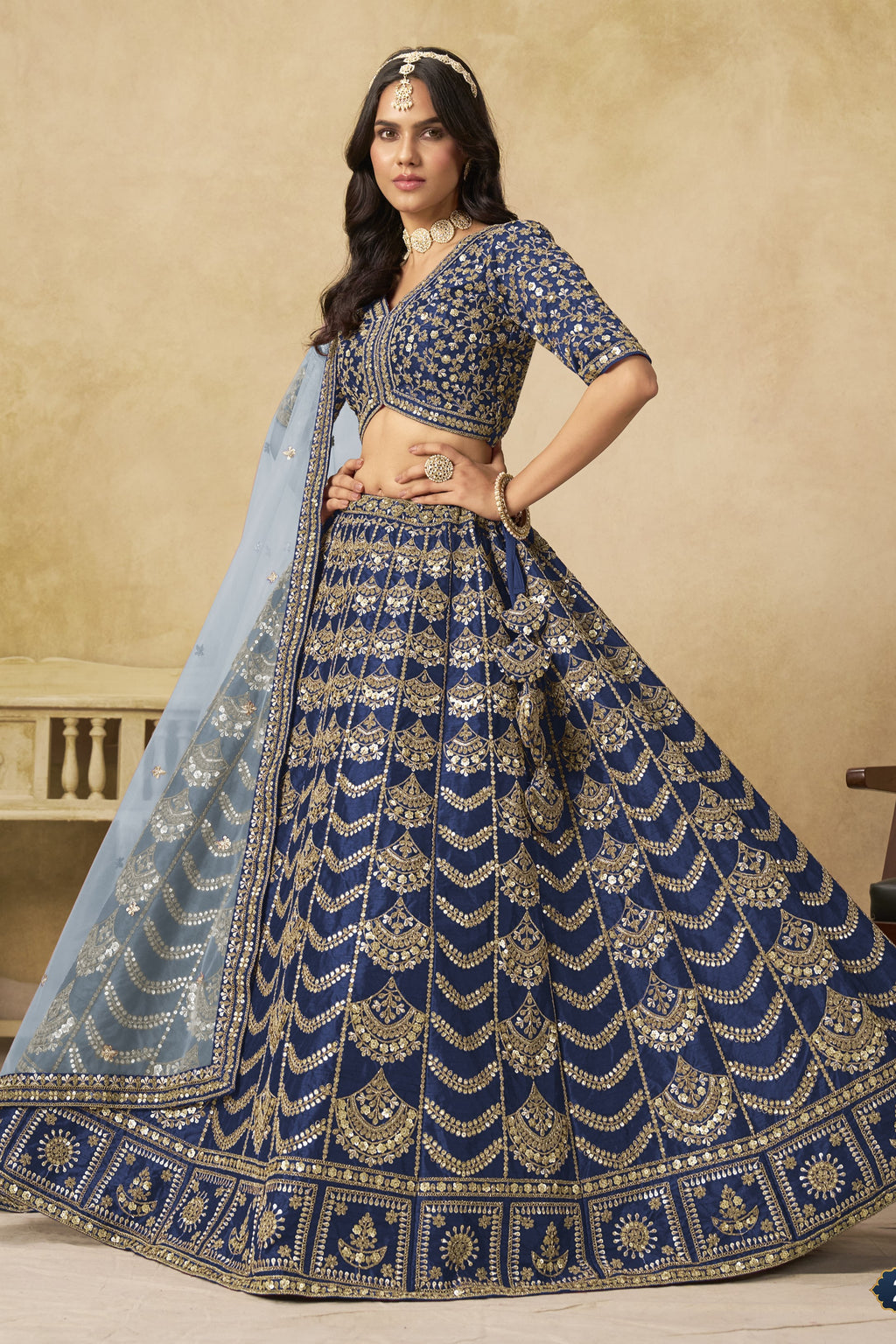 Navy Blue Art Silk Lehenga Choli for Indian & Pakistani Wedding Festival - Thread & Sequin Embroidery Work