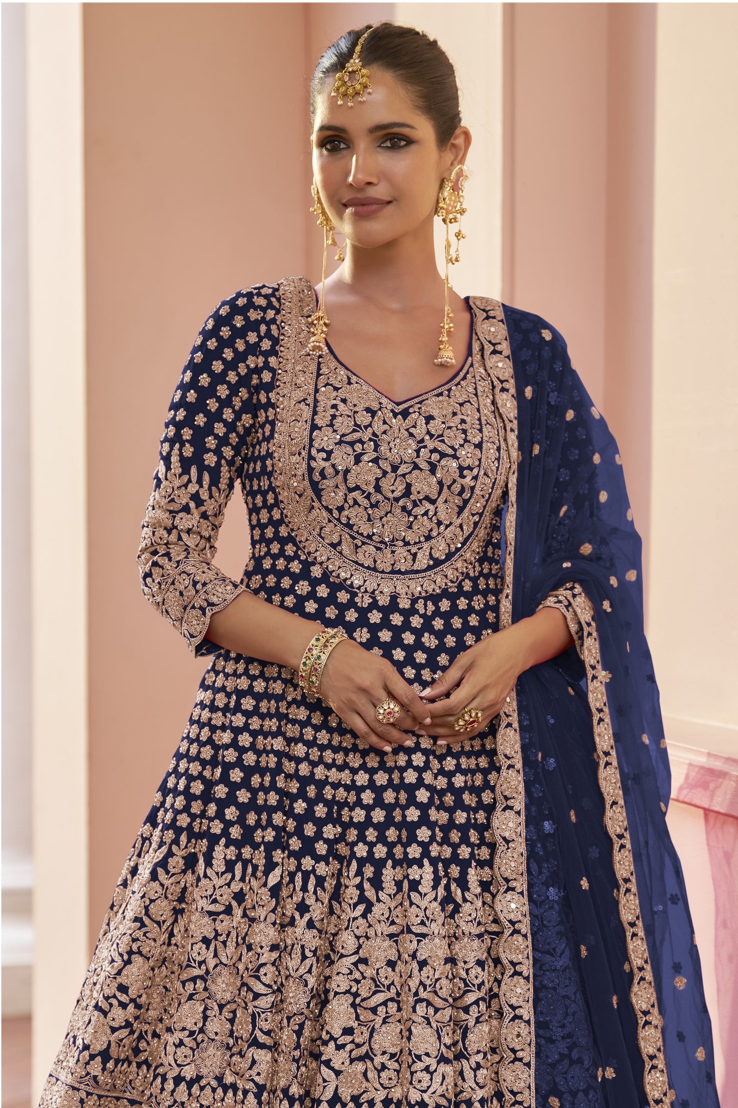 Pakistani Dress Navy Blue Georgette Kameez with Skirt