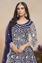 Navy Blue Net Anarkali for Wedding Function with Dori Work