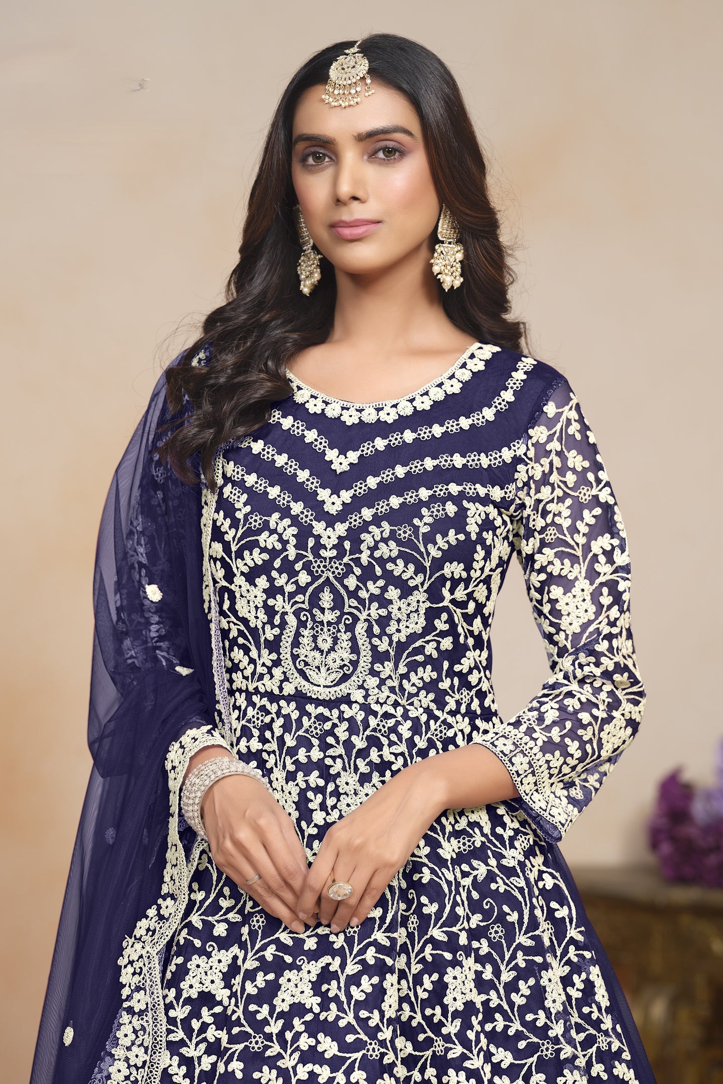 Navy Blue Net Anarkali for Wedding Function with Dori Work